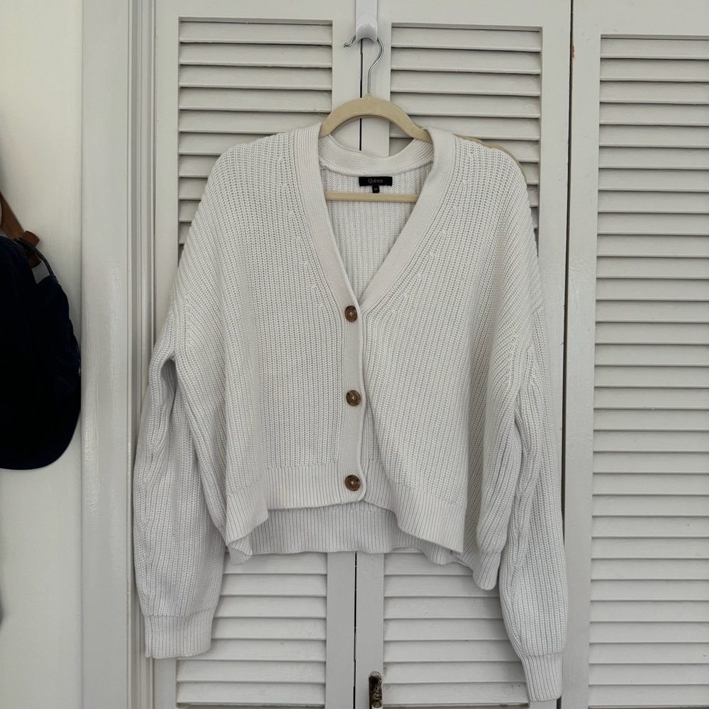 Quince White Ribbed Button-Up Cardigan